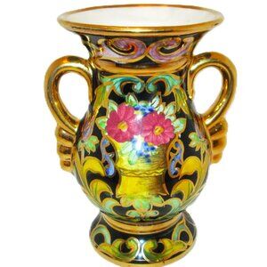 H.B.Quaregnon floral flower vase in red,blue,black & gold highlights in Belgium